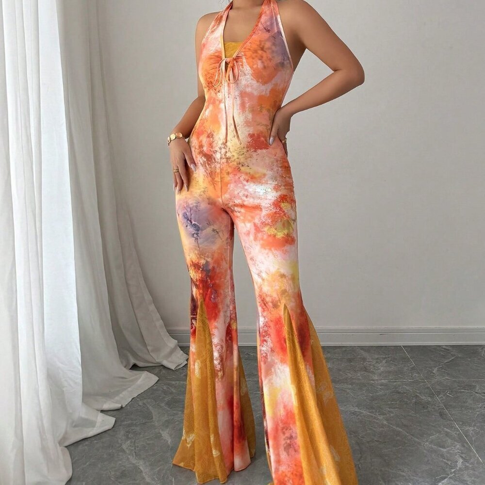 Multicolor Sexy Women's Random Cut Crystal Wonderland Lace Jumpsuit